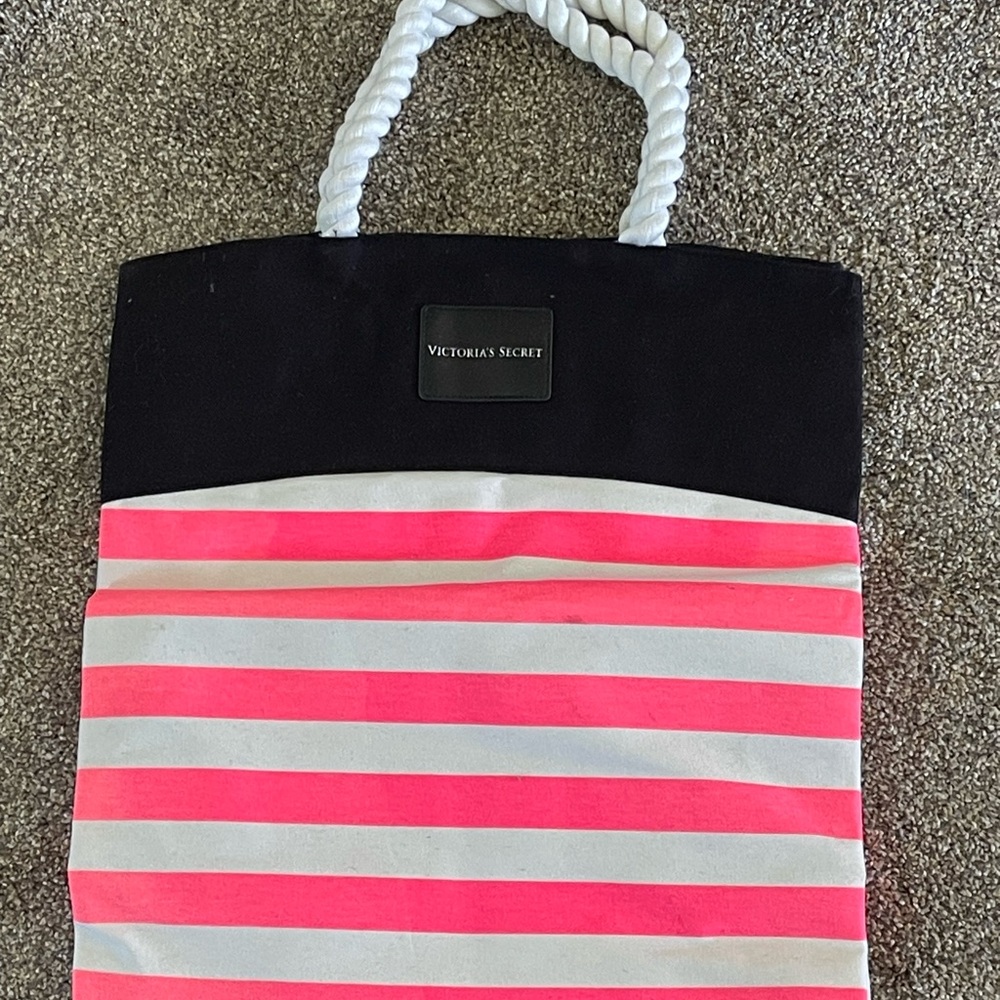 Victoria's Secret Pink and Black Striped Tote Bag - small stain on front